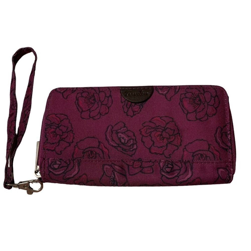 TRAVELON Safe ID RFID Blocking Wallet Purple Floral Wristlet EUC